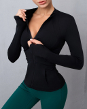 Round Neck Workout Longsleeved Zipper Tight-Fitting Slimming Sports Jacket Yoga Solid Color S-XL