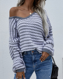 New Women Over Size V-Neck Striped Fall Pullover Sweater Khaki Pink Gray Black Blue Green Apricot S-XL