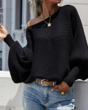 Women Office Lady Slash Neck Long Sleeve Solid Color Sweater White Pink Purple Green Black Rosy S-XL