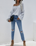 New Women Over Size V-Neck Striped Fall Pullover Sweater Khaki Pink Gray Black Blue Green Apricot S-XL