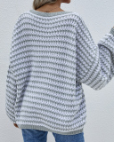 New Women Over Size V-Neck Striped Fall Pullover Sweater Khaki Pink Gray Black Blue Green Apricot S-XL
