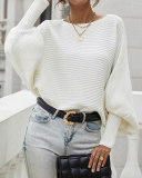 Women Office Lady Slash Neck Long Sleeve Solid Color Sweater White Pink Purple Green Black Rosy S-XL