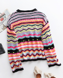 Casual Colorful Striped Long Sleeve Patchwork Crewneck Knitting Sweater Tops Green Black Blue Orange S-XL