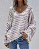New Women Over Size V-Neck Striped Fall Pullover Sweater Khaki Pink Gray Black Blue Green Apricot S-XL