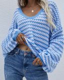 New Women Over Size V-Neck Striped Fall Pullover Sweater Khaki Pink Gray Black Blue Green Apricot S-XL
