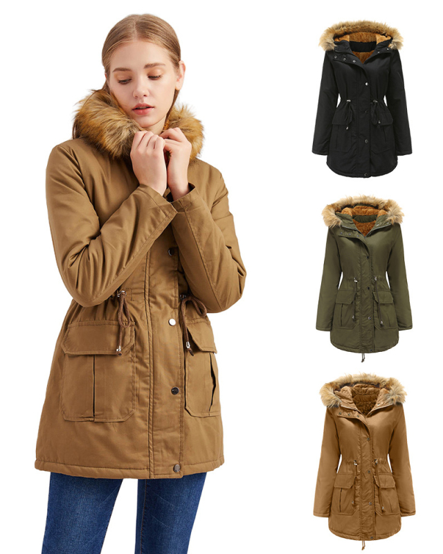 New Hooded Fur Collar Winter Warm Plus Size Women's Cotton Jacket Coats Khaki Black Army Green S-4XL