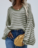 New Women Over Size V-Neck Striped Fall Pullover Sweater Khaki Pink Gray Black Blue Green Apricot S-XL
