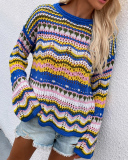 Casual Colorful Striped Long Sleeve Patchwork Crewneck Knitting Sweater Tops Green Black Blue Orange S-XL