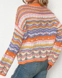 Casual Colorful Striped Long Sleeve Patchwork Crewneck Knitting Sweater Tops Green Black Blue Orange S-XL