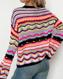 Casual Colorful Striped Long Sleeve Patchwork Crewneck Knitting Sweater Tops Green Black Blue Orange S-XL