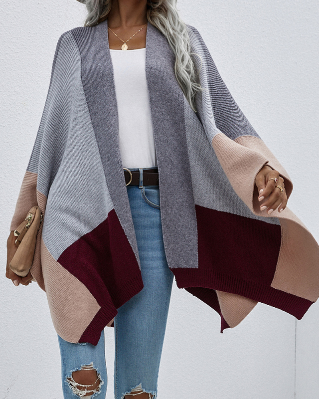 Fall & Winter Colorblock Women Loose Cover Up Cardigans Black Green Light Gray Deep Grey Blue S-XL