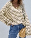 New Women Over Size V-Neck Striped Fall Pullover Sweater Khaki Pink Gray Black Blue Green Apricot S-XL