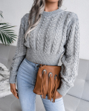 Women's Fashion Solid Color Long Sleeve Twist Waist Knitted Crop Sweater White Grey Blue S-L