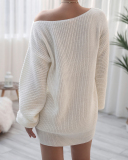 Women Solid Color Off Shoulder Slash Neck Long Sleeve Sweater Dresses White Khaki Black Blue Grey Pink S-XL