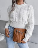 Women's Fashion Solid Color Long Sleeve Twist Waist Knitted Crop Sweater White Grey Blue S-L