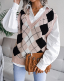 Women Rhombus V-neck College Style Sleeveless Casual Sweater Vest Khaki Pink Red Gray Blue S-L