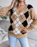 Women Casual Rhombus V-neck Long Sleeve Sweater Khaki Grey Blue S-L