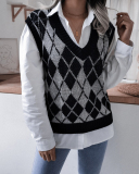 Women Rhombus V-neck College Style Sleeveless Casual Sweater Vest Khaki Pink Red Gray Blue S-L