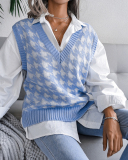 Hot Sale Casual Loose Women V-neck Houndstooth Sleeveless Sweater Vest Khaki Red Black Apricot Blue S-L