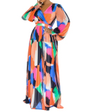 Women Long Sleeve V-neck Colorful Backless Sexy Maxi Dresses S-2XL