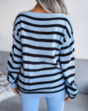 Casual Basic One Shoulder Women Striped Slash Neck Long Sleeve Sweater White Blue Red S-L