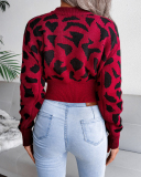 Top Sale Fashion Crewneck Leopard Women Long Sleeve Sweater Khaki Red Blue Gray S-L