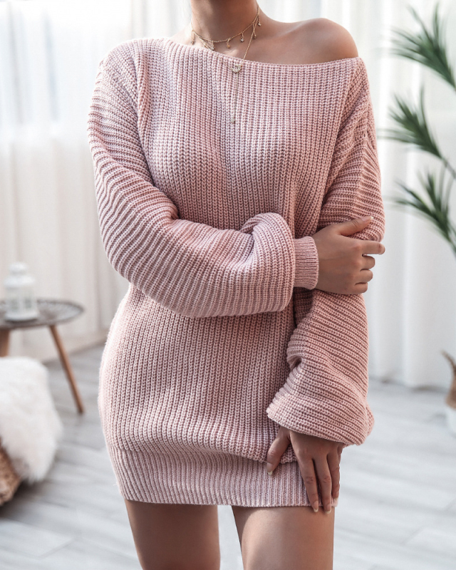 Women Solid Color Off Shoulder Slash Neck Long Sleeve Sweater Dresses White Khaki Black Blue Grey Pink S-XL