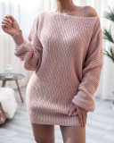 Women Solid Color Off Shoulder Slash Neck Long Sleeve Sweater Dresses White Khaki Black Blue Grey Pink S-XL