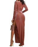 Elegant Women Velvet Long Sleeve Square Neck High Slit Party Dresses Pink Brown Blue S-2XL