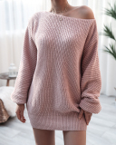 Women Solid Color Off Shoulder Slash Neck Long Sleeve Sweater Dresses White Khaki Black Blue Grey Pink S-XL