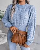 Women's Fashion Solid Color Long Sleeve Twist Waist Knitted Crop Sweater White Grey Blue S-L