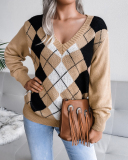 Women Casual Rhombus V-neck Long Sleeve Sweater Khaki Grey Blue S-L