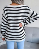 Casual Basic One Shoulder Women Striped Slash Neck Long Sleeve Sweater White Blue Red S-L