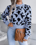 Top Sale Fashion Crewneck Leopard Women Long Sleeve Sweater Khaki Red Blue Gray S-L