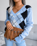 Women Casual Rhombus V-neck Long Sleeve Sweater Khaki Grey Blue S-L