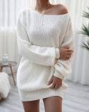 Women Solid Color Off Shoulder Slash Neck Long Sleeve Sweater Dresses White Khaki Black Blue Grey Pink S-XL