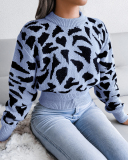 Top Sale Fashion Crewneck Leopard Women Long Sleeve Sweater Khaki Red Blue Gray S-L