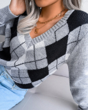 Women Casual Rhombus V-neck Long Sleeve Sweater Khaki Grey Blue S-L