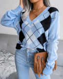 Women Casual Rhombus V-neck Long Sleeve Sweater Khaki Grey Blue S-L