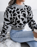 Top Sale Fashion Crewneck Leopard Women Long Sleeve Sweater Khaki Red Blue Gray S-L