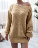 Women Solid Color Off Shoulder Slash Neck Long Sleeve Sweater Dresses White Khaki Black Blue Grey Pink S-XL