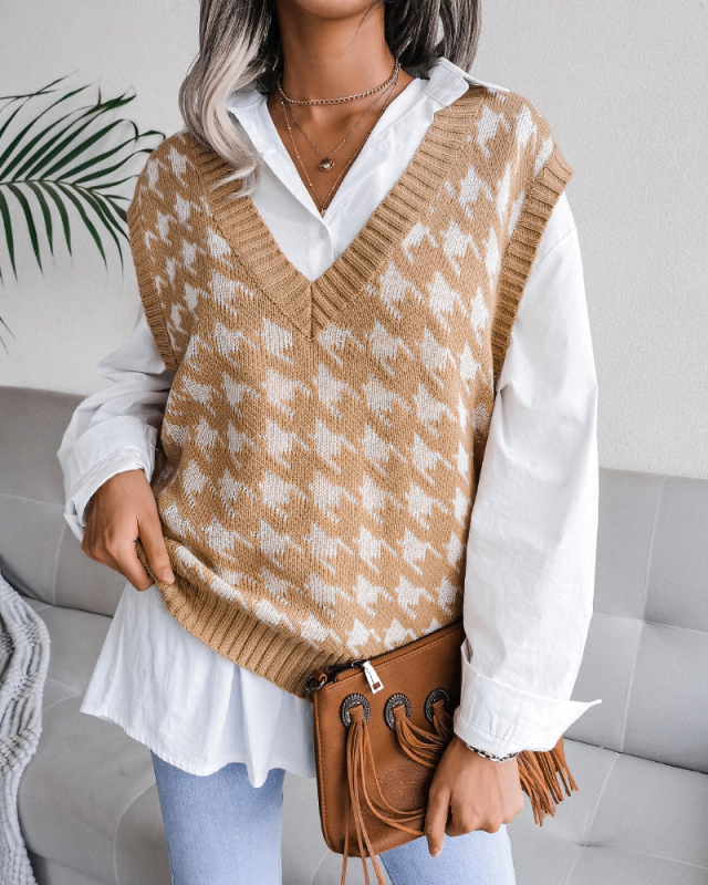 Hot Sale Casual Loose Women V-neck Houndstooth Sleeveless Sweater Vest Khaki Red Black Apricot Blue S-L