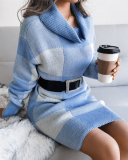 Hot Sale Women High Neck Fashion Long Sleeve Colorblock Grid Sweater Dresses Khaki Red Grey Blue S-L( No Waistband)