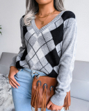Women Casual Rhombus V-neck Long Sleeve Sweater Khaki Grey Blue S-L