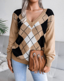 Women Casual Rhombus V-neck Long Sleeve Sweater Khaki Grey Blue S-L