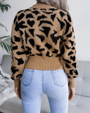Top Sale Fashion Crewneck Leopard Women Long Sleeve Sweater Khaki Red Blue Gray S-L
