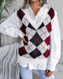 Women Rhombus V-neck College Style Sleeveless Casual Sweater Vest Khaki Pink Red Gray Blue S-L
