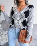 Women Casual Rhombus V-neck Long Sleeve Sweater Khaki Grey Blue S-L
