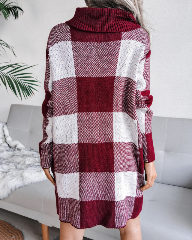 Hot Sale Women High Neck Fashion Long Sleeve Colorblock Grid Sweater Dresses Khaki Red Grey Blue S-L( No Waistband)