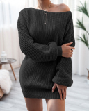 Women Solid Color Off Shoulder Slash Neck Long Sleeve Sweater Dresses White Khaki Black Blue Grey Pink S-XL